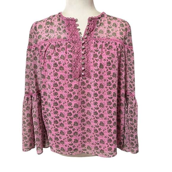 Rebecca Minkoff XS Pink Floral Paisley Bell Sleeve Blouse - Picture 1 of 13